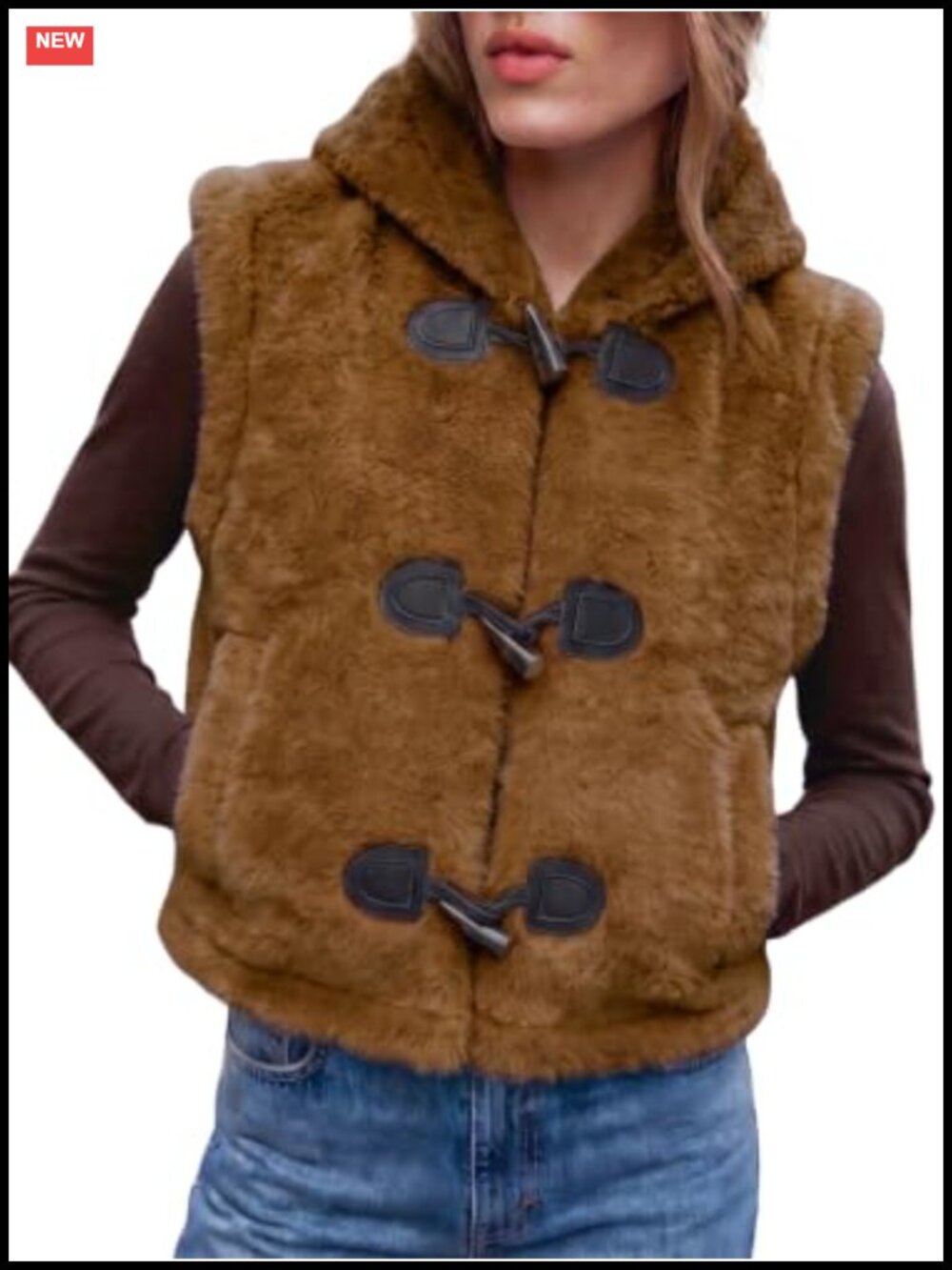 Hooded Sherpa Fleece Vest Sleeveless Cardigan Toggle Button Pockets